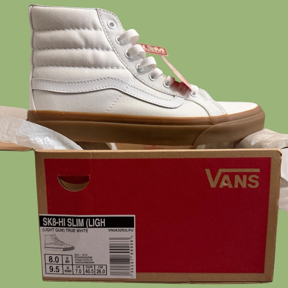 NWT Rare Vans Sk8 Hi Slim Light Gum Sole / True White Women’s 9.5 Men’s 8